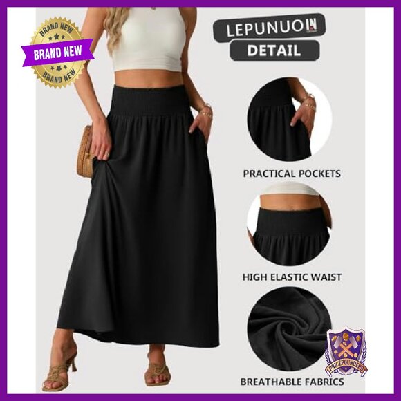 Maxi Skirt Smocked Elastic High Waist Boho Swing Pleated Long with Pockets - Picture 5 of 8